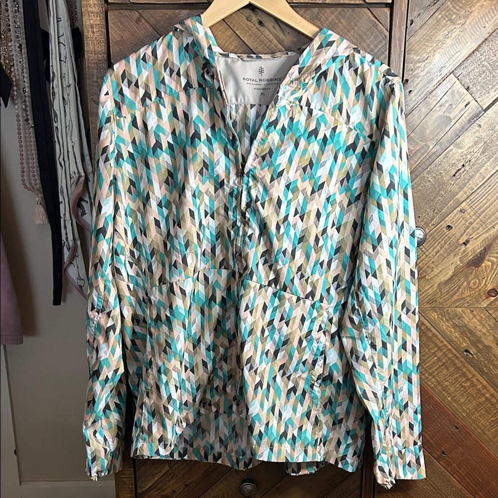 Royal Robbins Geometric Pattern Lightweight Hiking Jacket - Teal & Cream XL